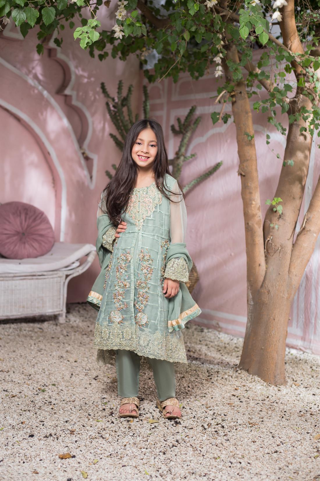 Light Blue Embroidered Chiffon Gharara Girlswear