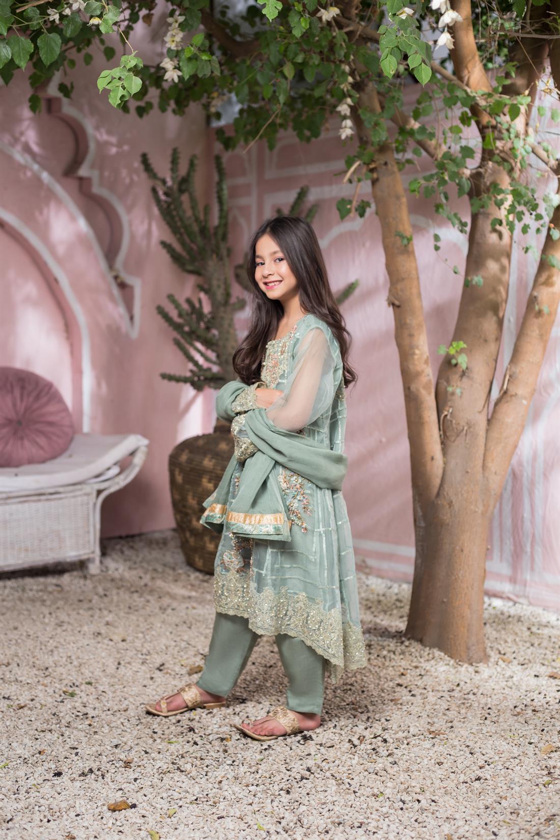 Light Blue Embroidered Chiffon Gharara Girlswear