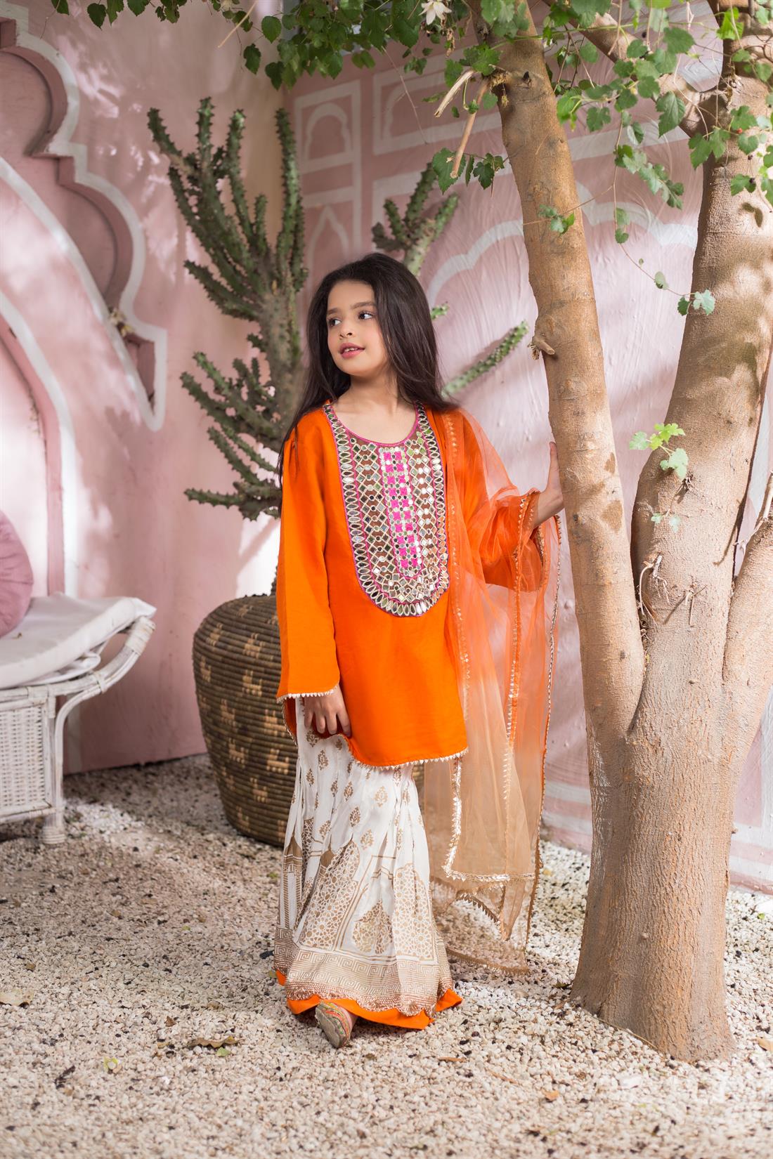 Orange Mirror Work Net Sharara Girlswear