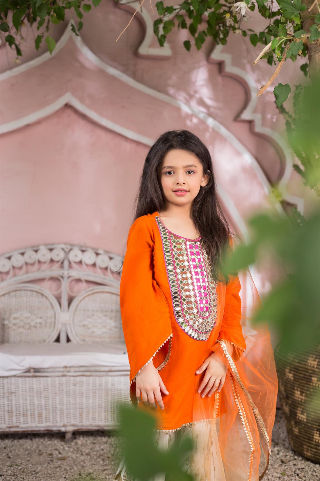 Orange Mirror Work Net Sharara Girlswear