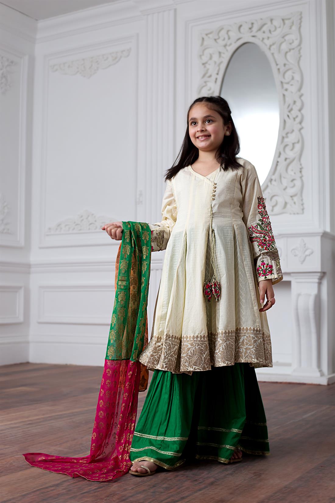 Ivory & Khaki Embroidered Lawn Girlswear