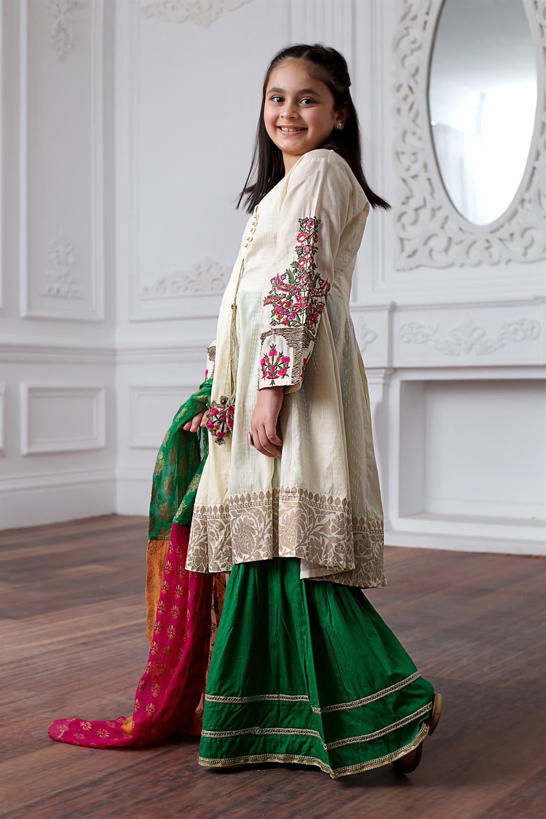 Ivory & Khaki Embroidered Lawn Girlswear