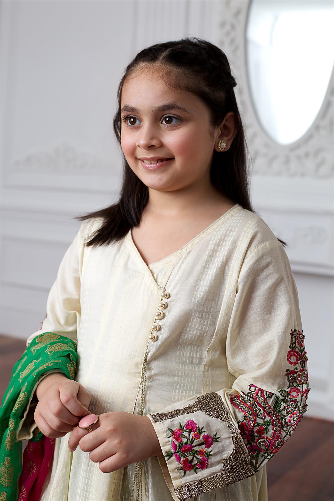 Ivory & Khaki Embroidered Lawn Girlswear