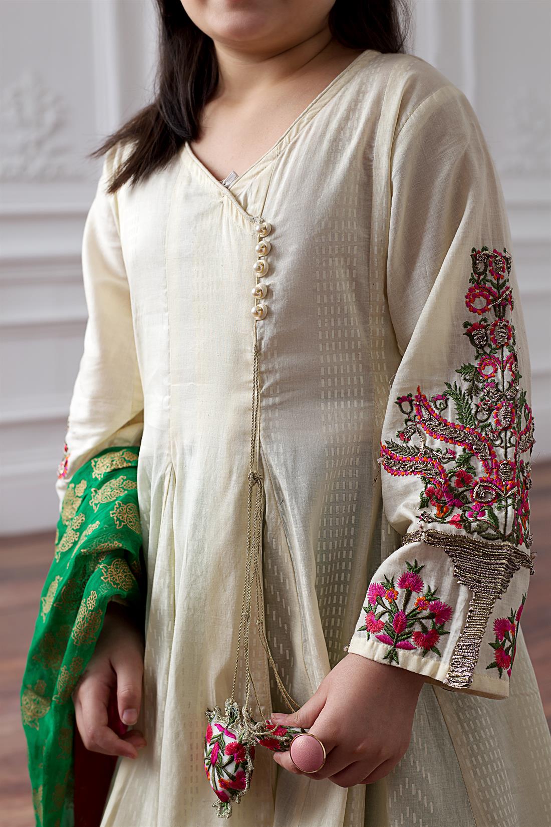 Ivory & Khaki Embroidered Lawn Girlswear