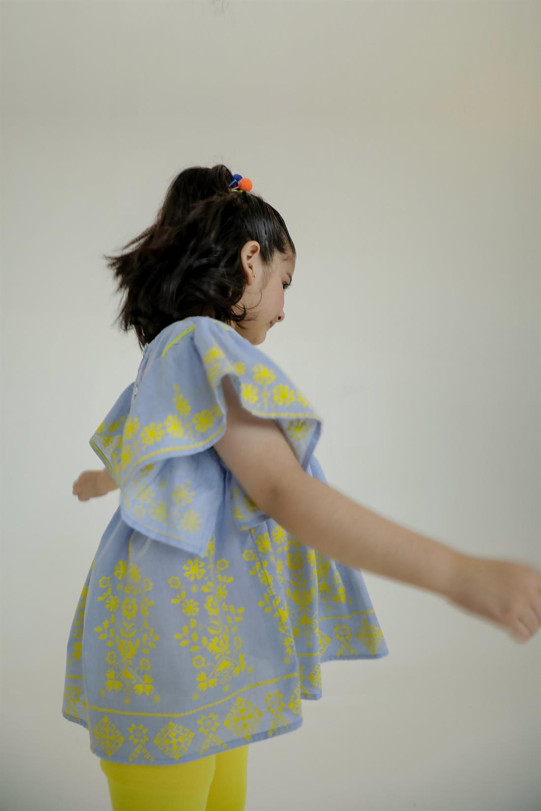 Sky Blue & Yellow Printed Girlswear