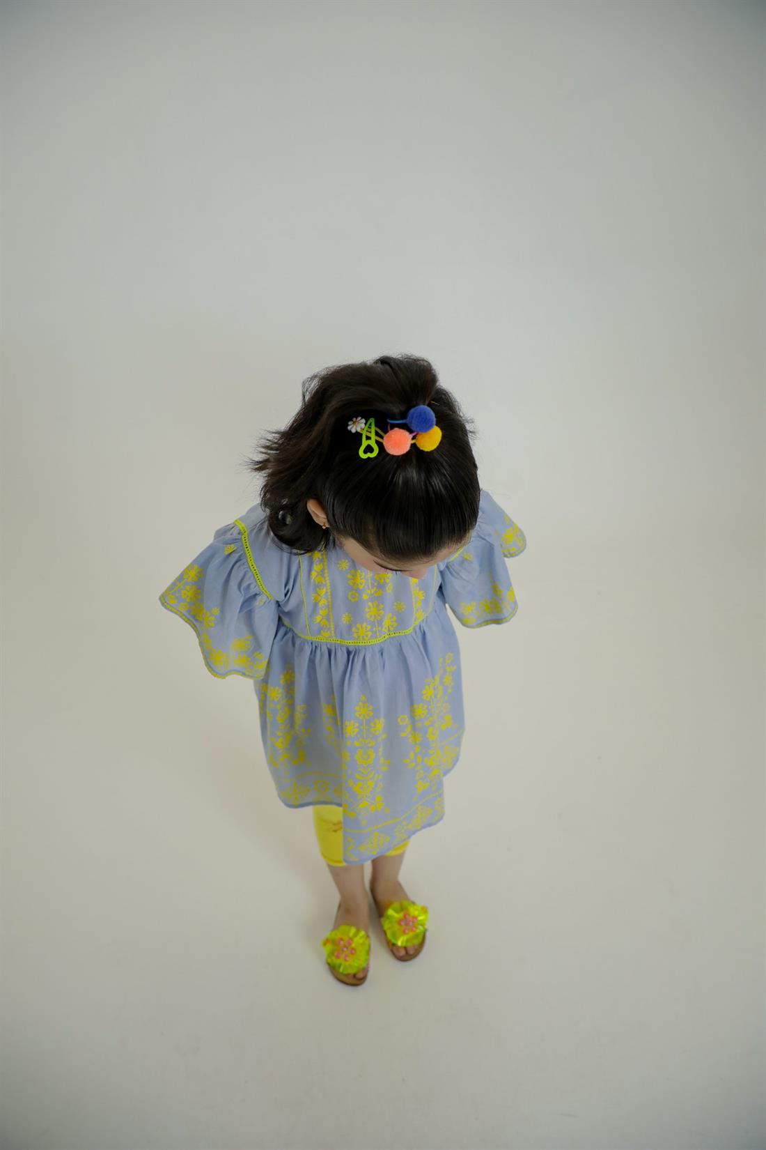 Sky Blue & Yellow Printed Girlswear