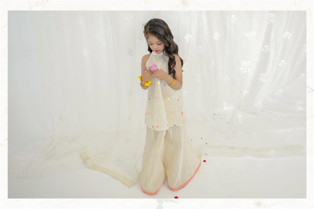Cream & Multicolour Embroidered Cotton Sharara Girlswear