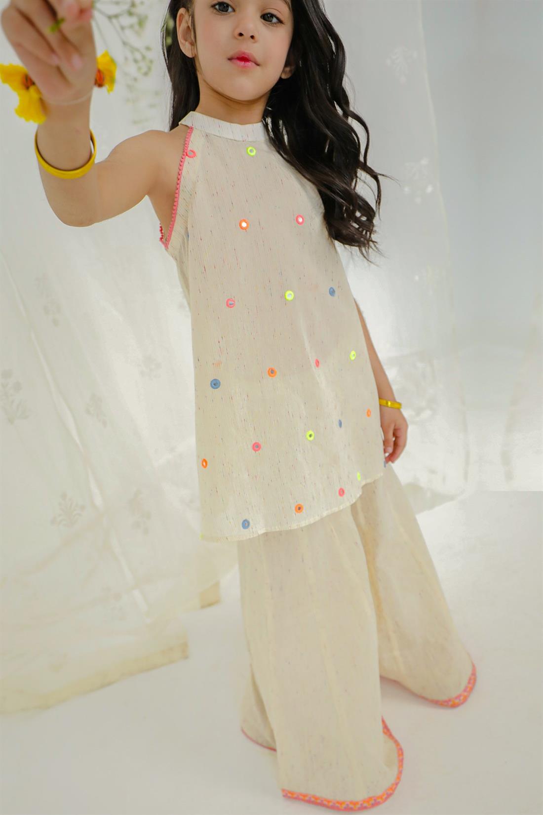 Cream & Multicolour Embroidered Cotton Sharara Girlswear