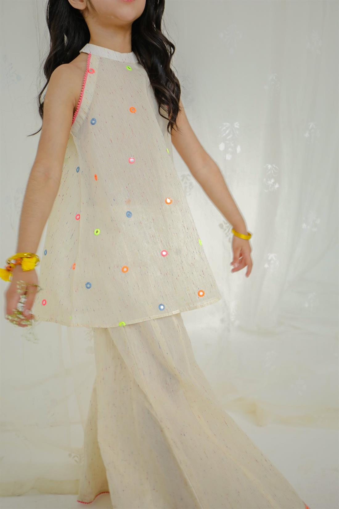 Cream & Multicolour Embroidered Cotton Sharara Girlswear