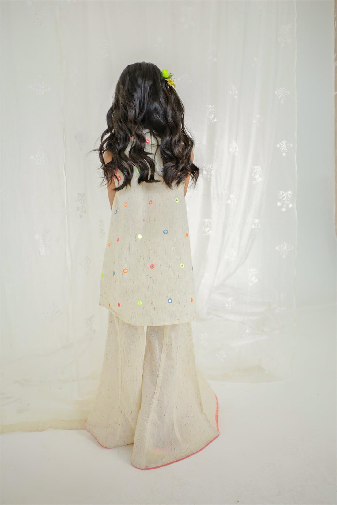 Cream & Multicolour Embroidered Cotton Sharara Girlswear