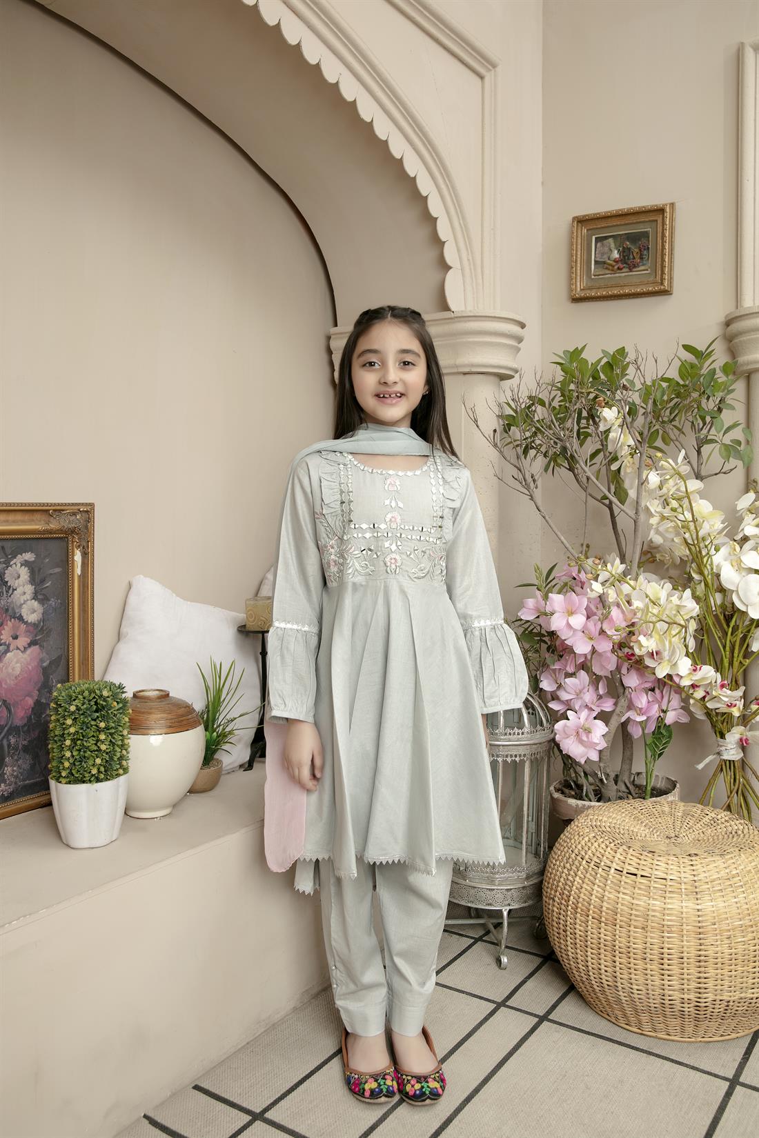 Pale Blue Mirror Work Lawn Girlswear