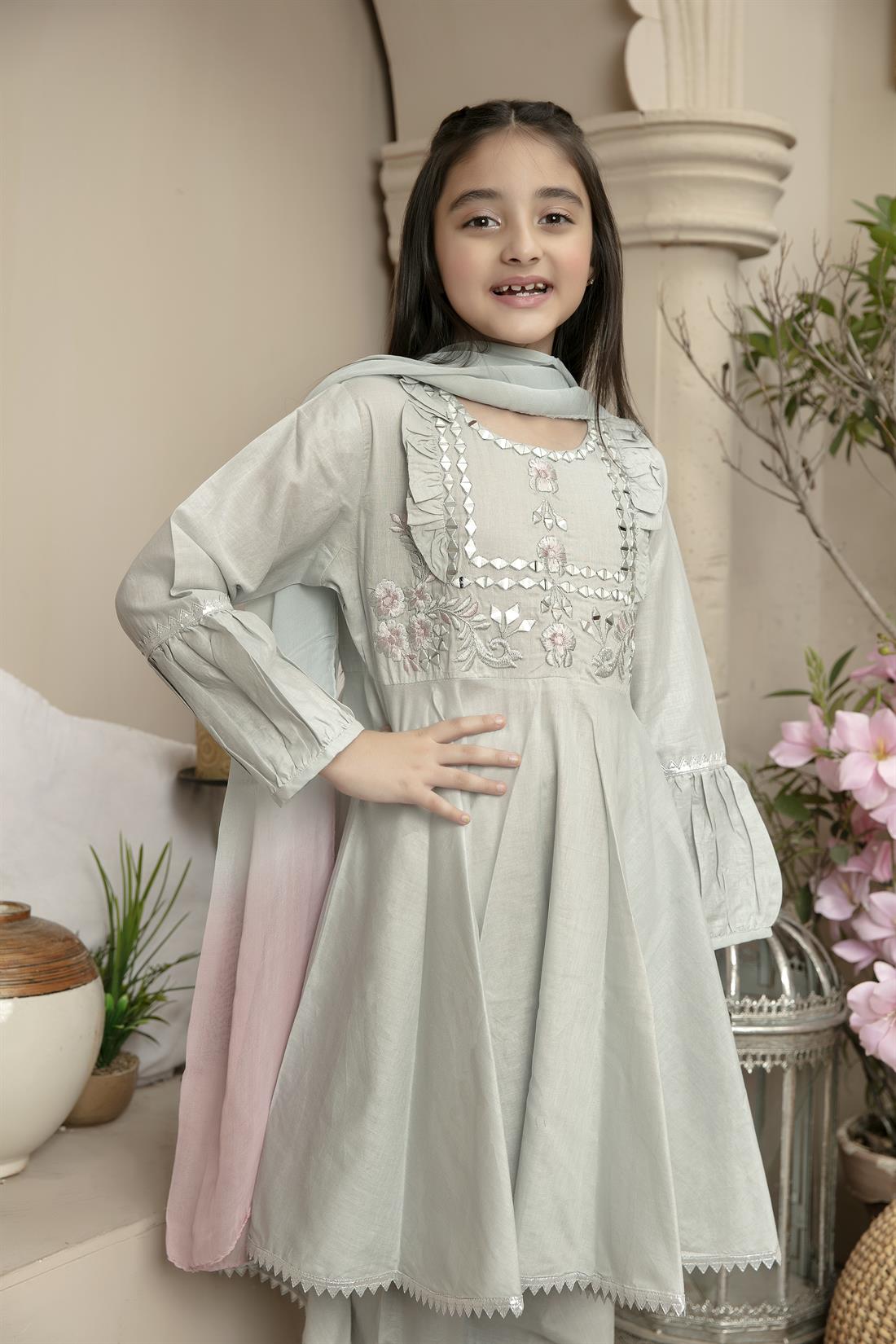 Pale Blue Mirror Work Lawn Girlswear