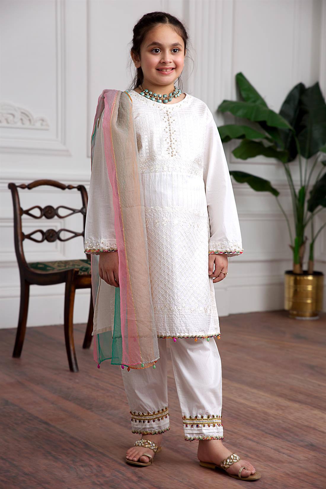 White & Multicolour Embroidered Lawn Girlswear