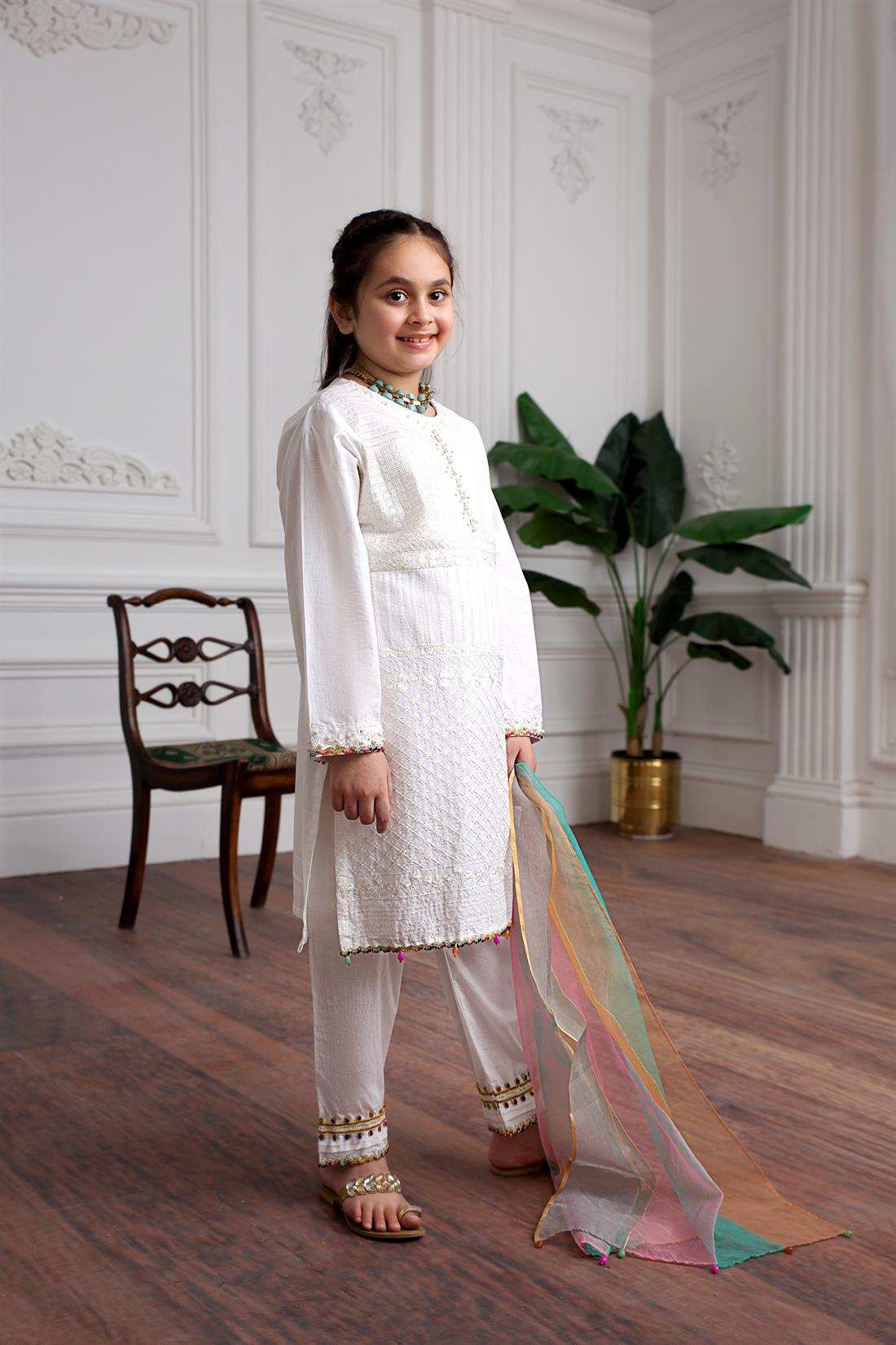White & Multicolour Embroidered Lawn Girlswear