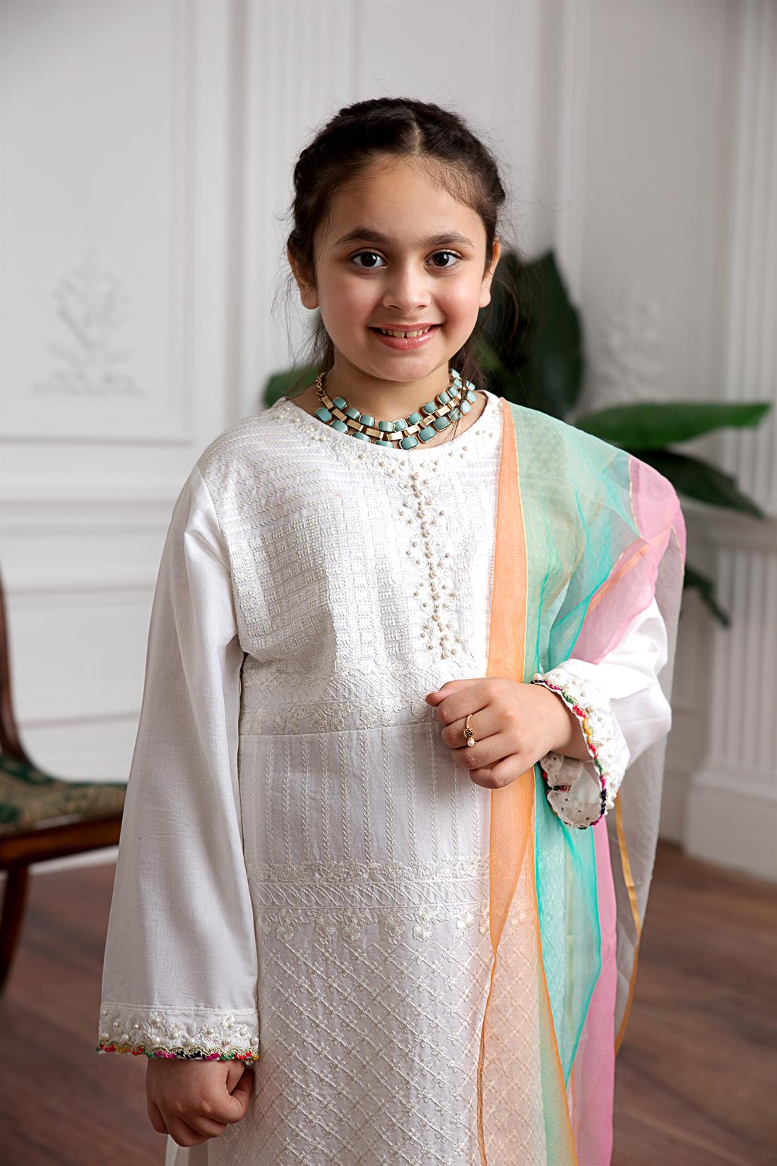 White & Multicolour Embroidered Lawn Girlswear