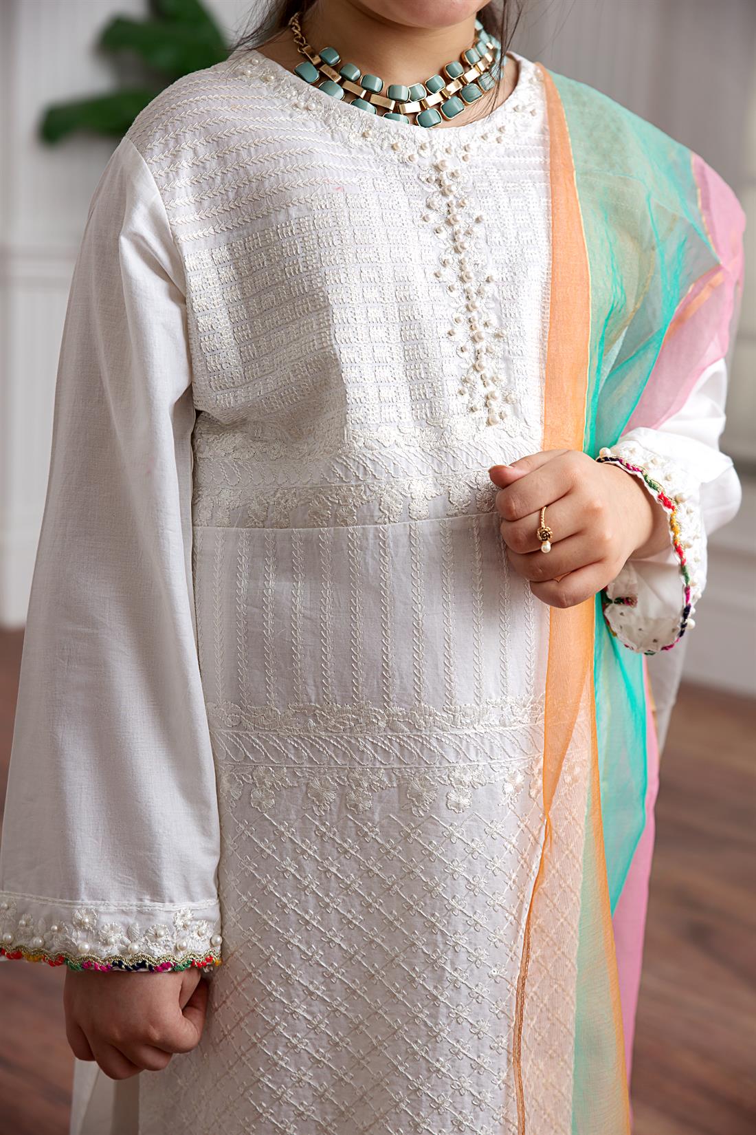 White & Multicolour Embroidered Lawn Girlswear