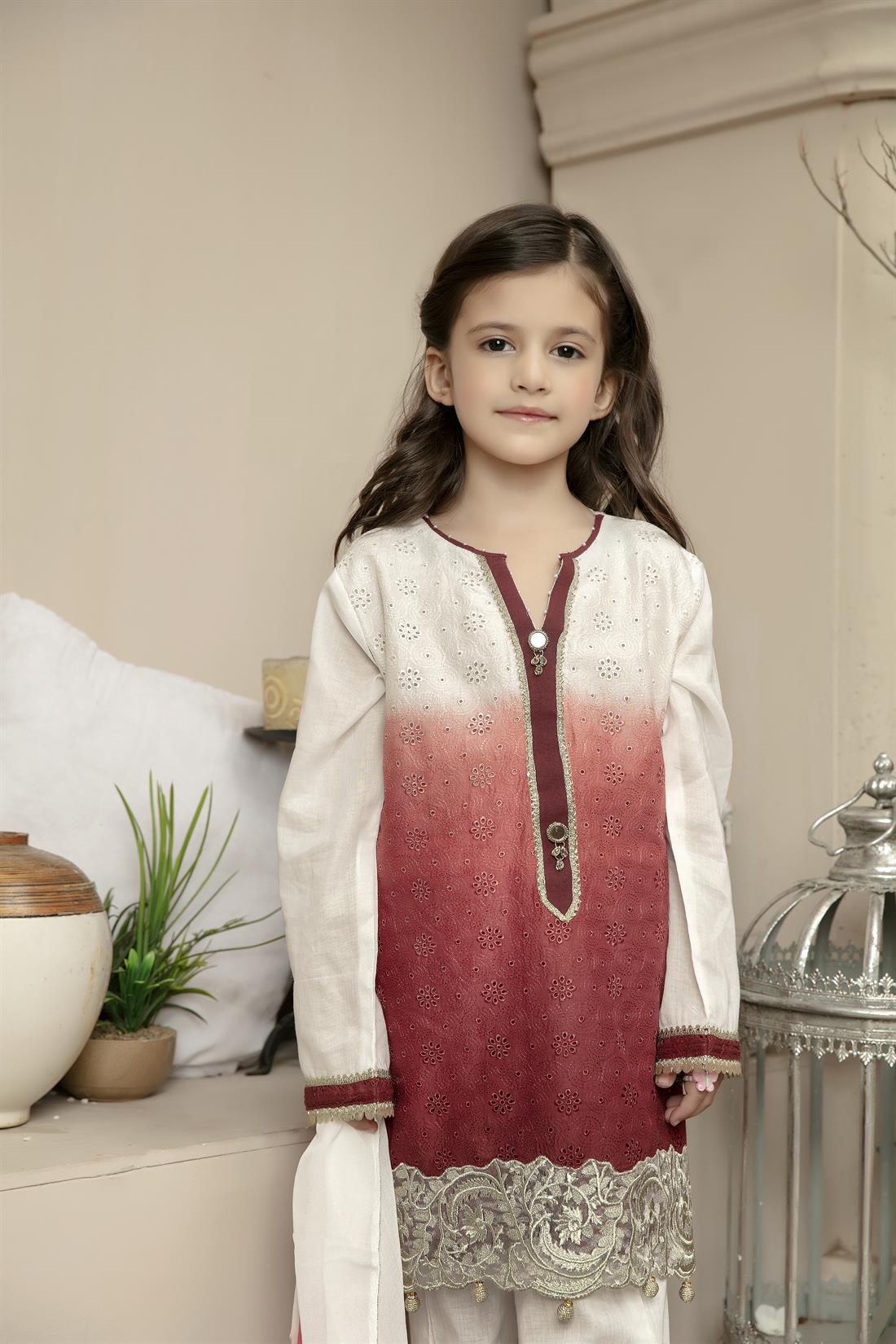 White & Maroon Embroidered Lawn Girlswear
