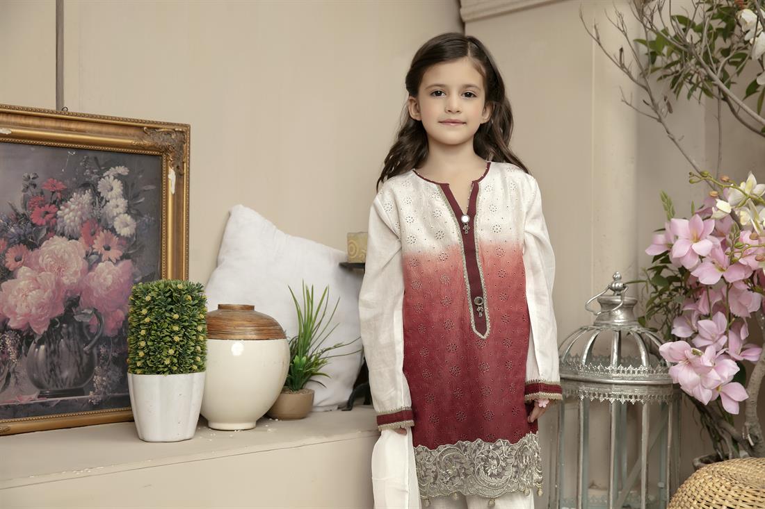 White & Maroon Embroidered Lawn Girlswear