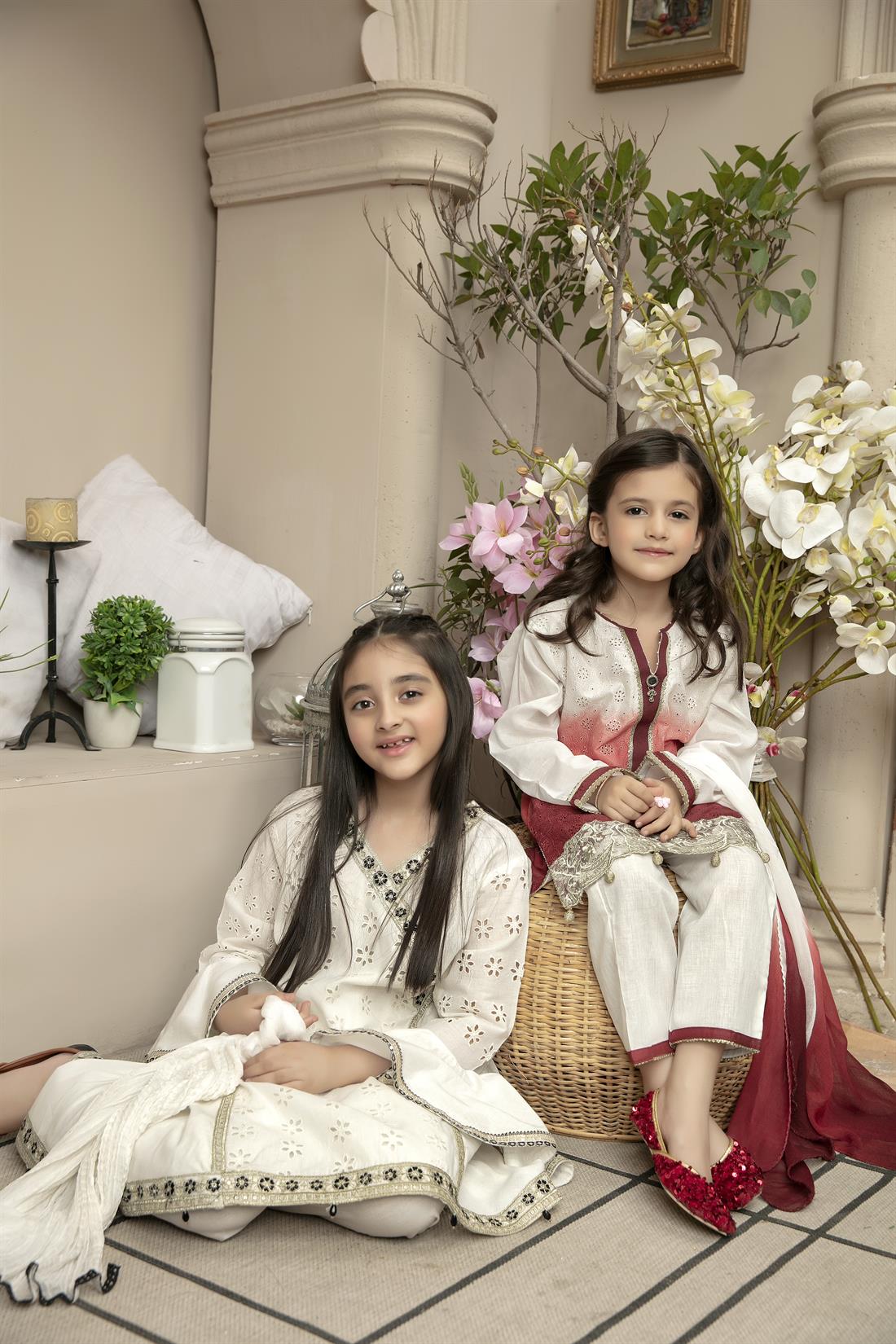 White & Maroon Embroidered Lawn Girlswear