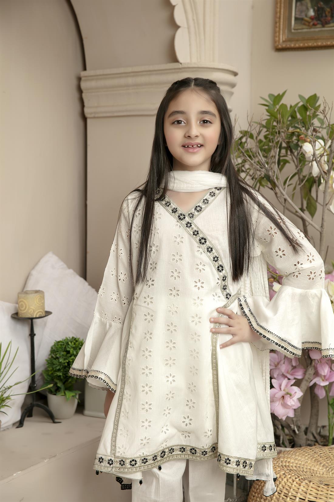 White & Black Embroidered Chiffon Frock Girlswear