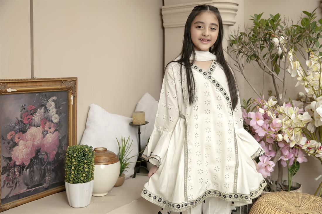 White & Black Embroidered Chiffon Frock Girlswear