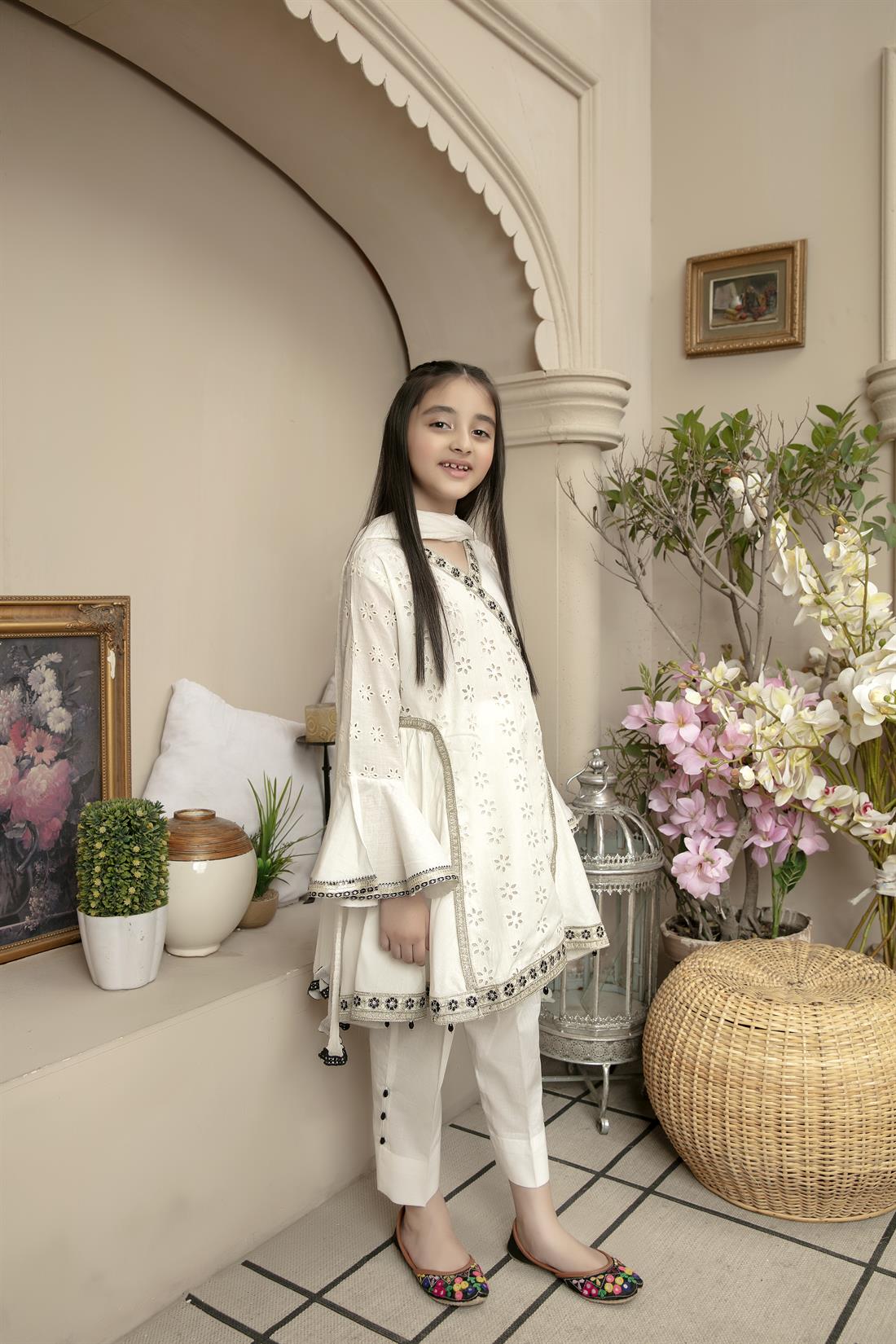 White & Black Embroidered Chiffon Frock Girlswear