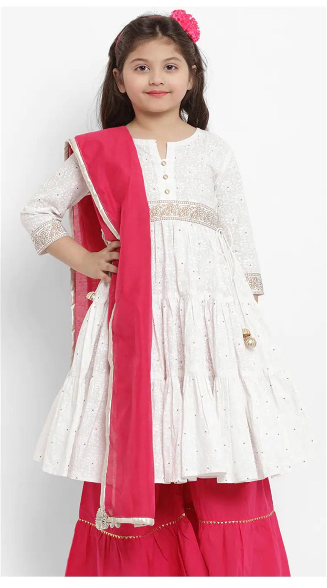 Off White & Fuchsia Printed Cotton Anarkali Girlswear