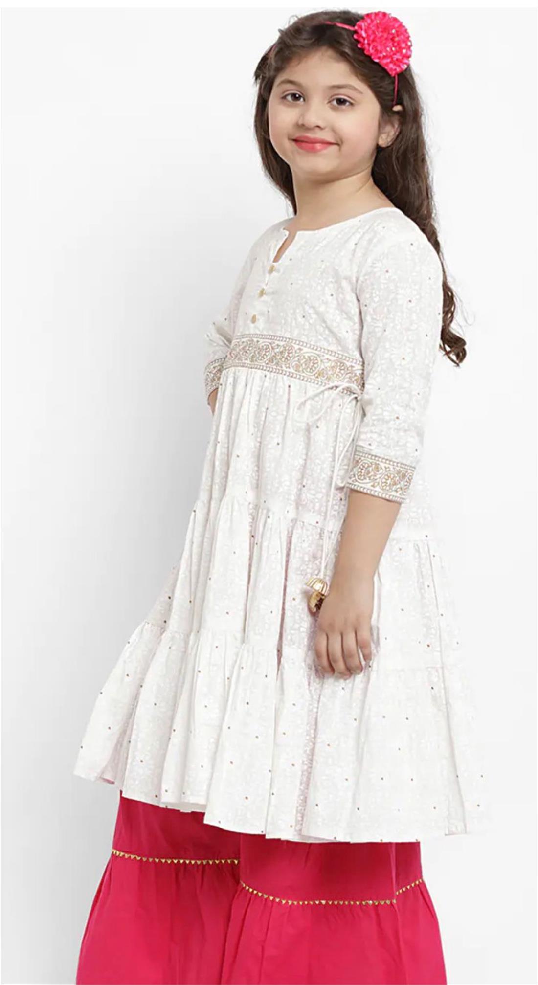 Off White & Fuchsia Printed Cotton Anarkali Girlswear