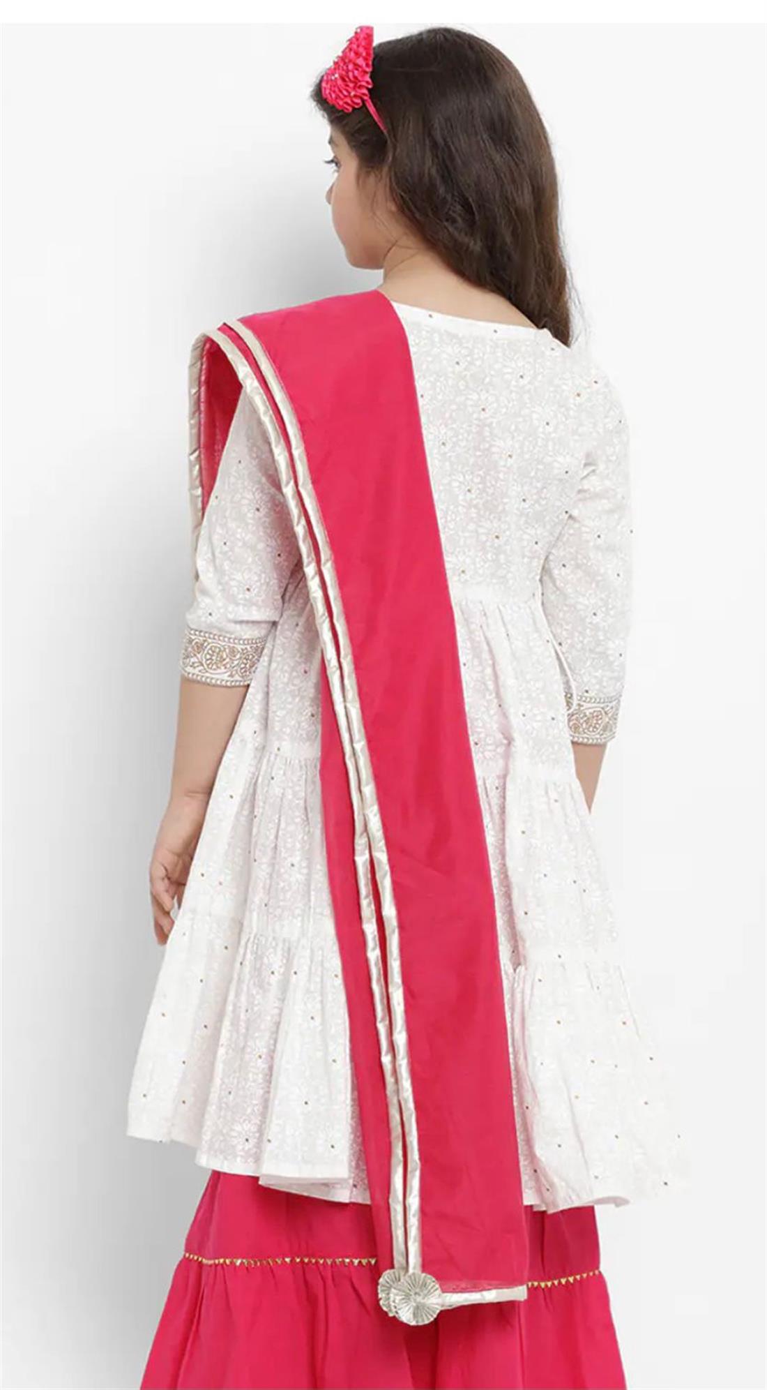 Off White & Fuchsia Printed Cotton Anarkali Girlswear