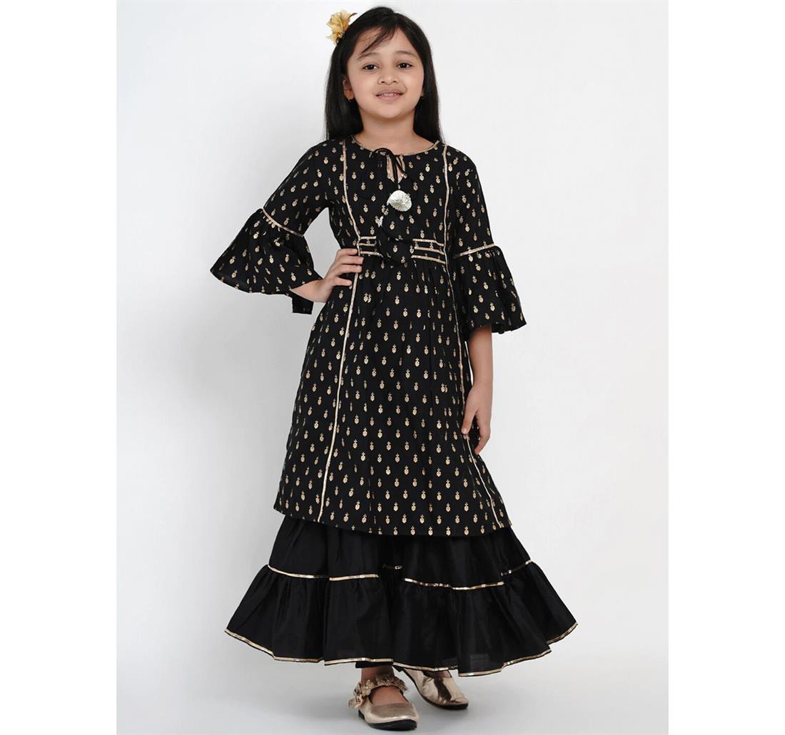 Black & Gold Printed Anarkali Girlswear