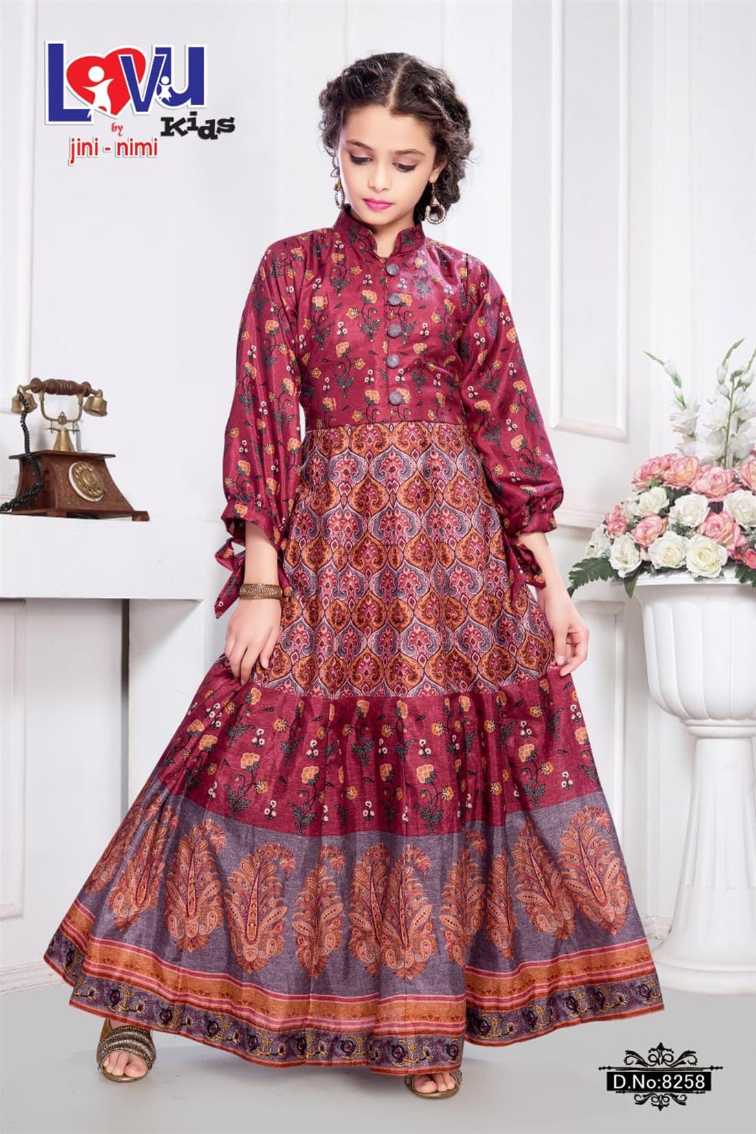 Magenta Beautiful Long Dress with Puffed Sleeves.