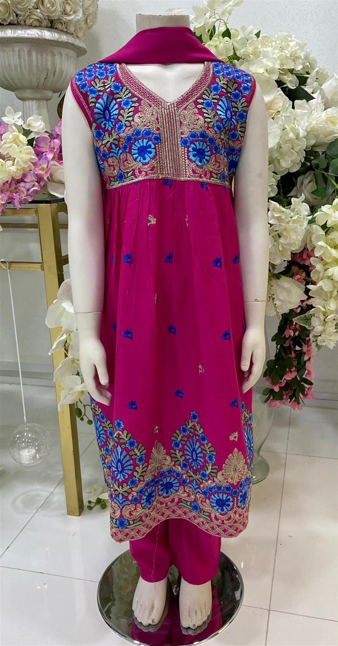 Fuchia Pink Embroidered Linen Frock Girlswear