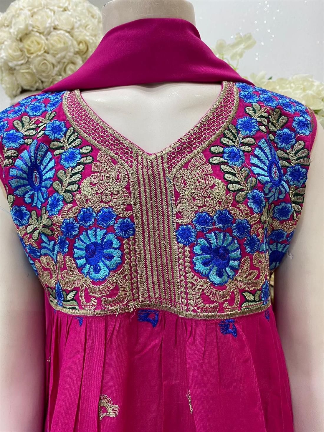 Fuchia Pink Embroidered Linen Frock Girlswear