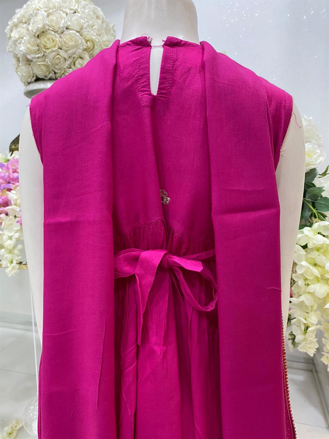 Fuchia Pink Embroidered Linen Frock Girlswear