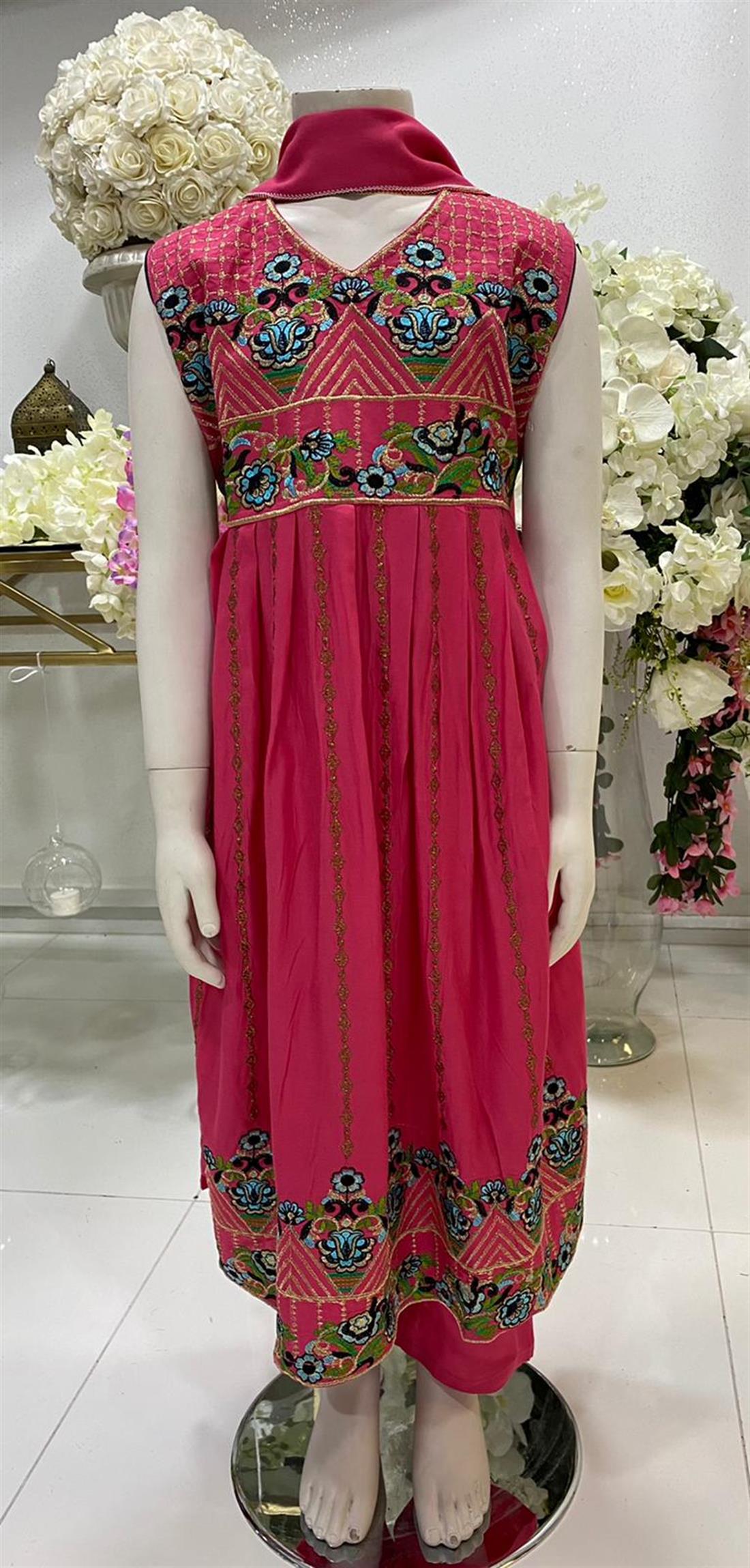 Pink Embroidered Linen Frock Girlswear