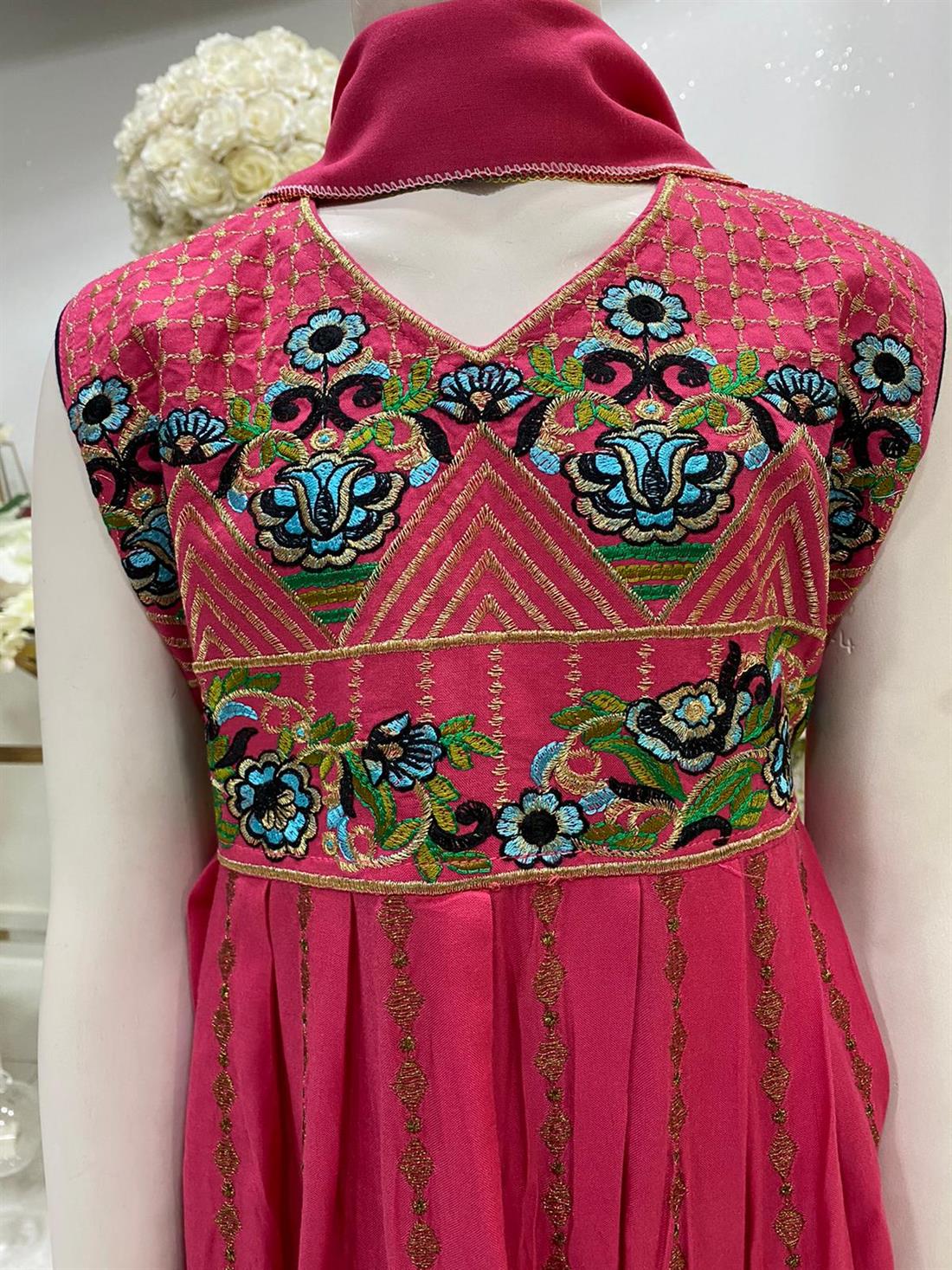 Pink Embroidered Linen Frock Girlswear