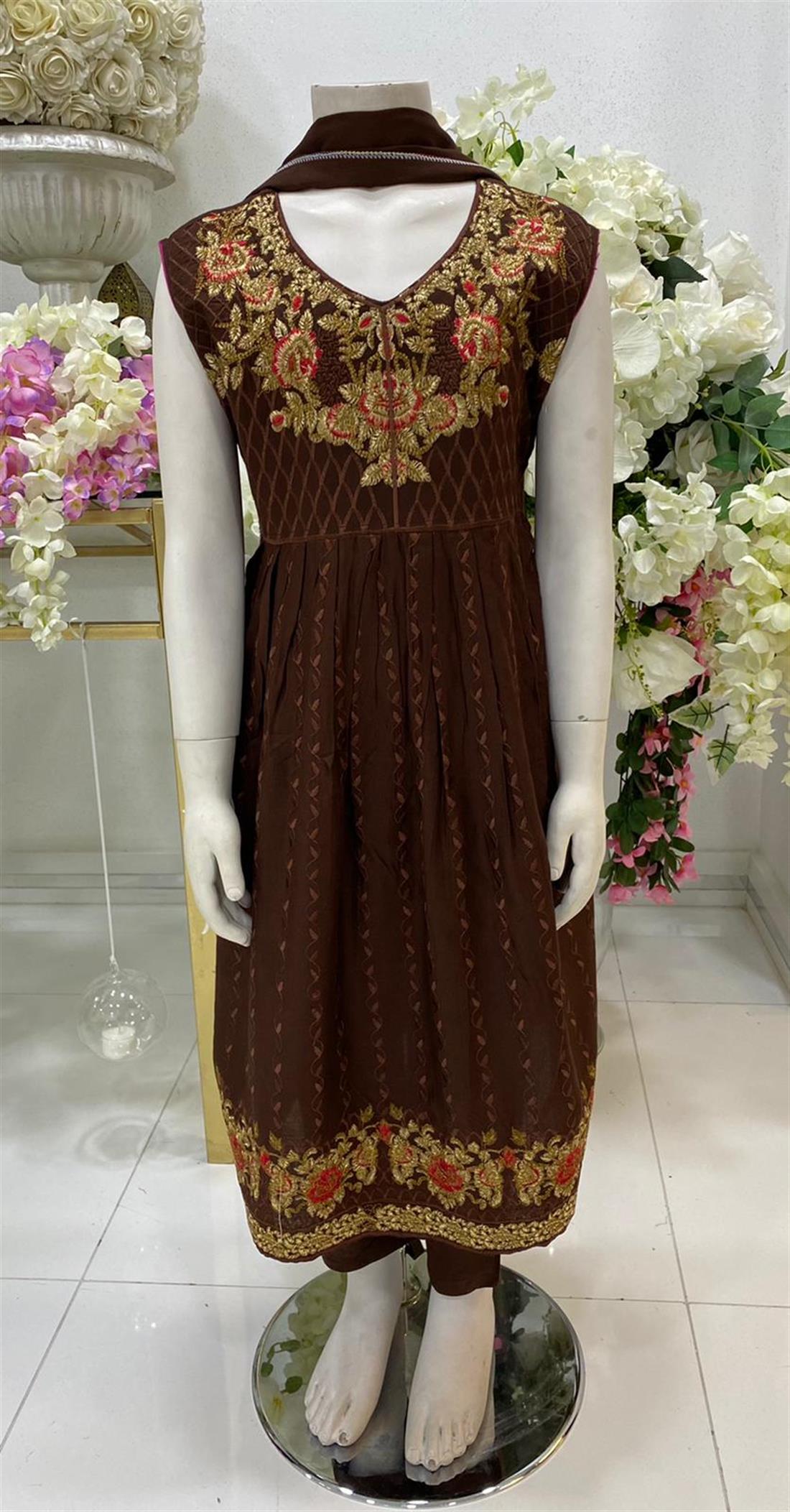 Brown Embroidered Linen Frock Girlswear