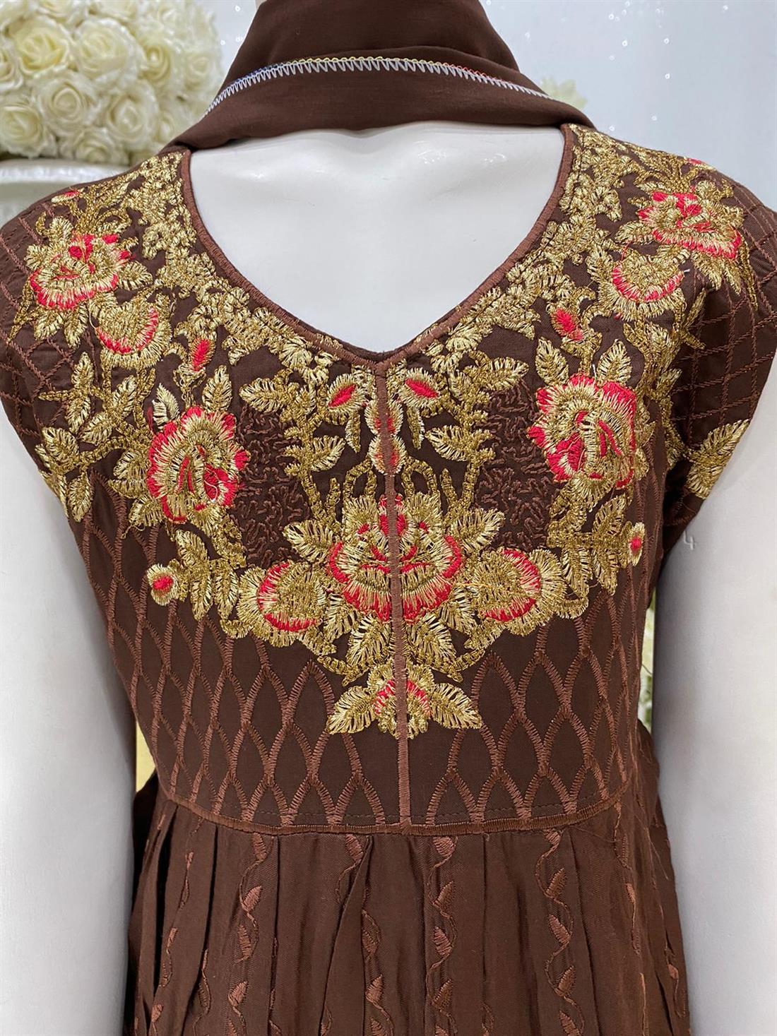 Brown Embroidered Linen Frock Girlswear