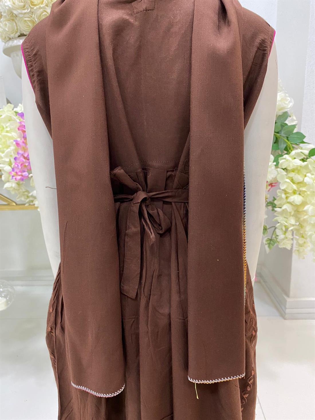 Brown Embroidered Linen Frock Girlswear
