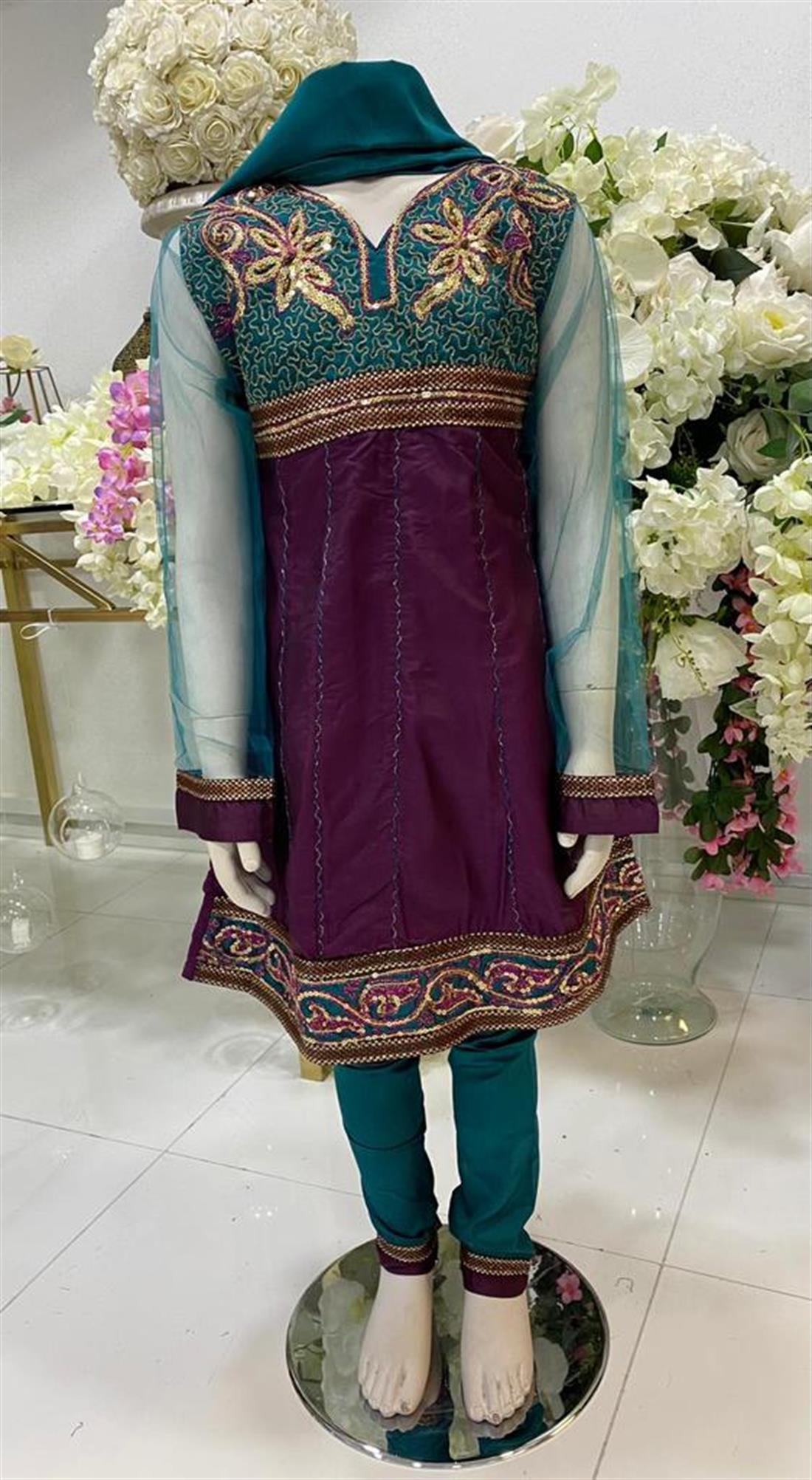 Teal & Plum LATEST: Frock 3 Piece Suit with Sequences Work.