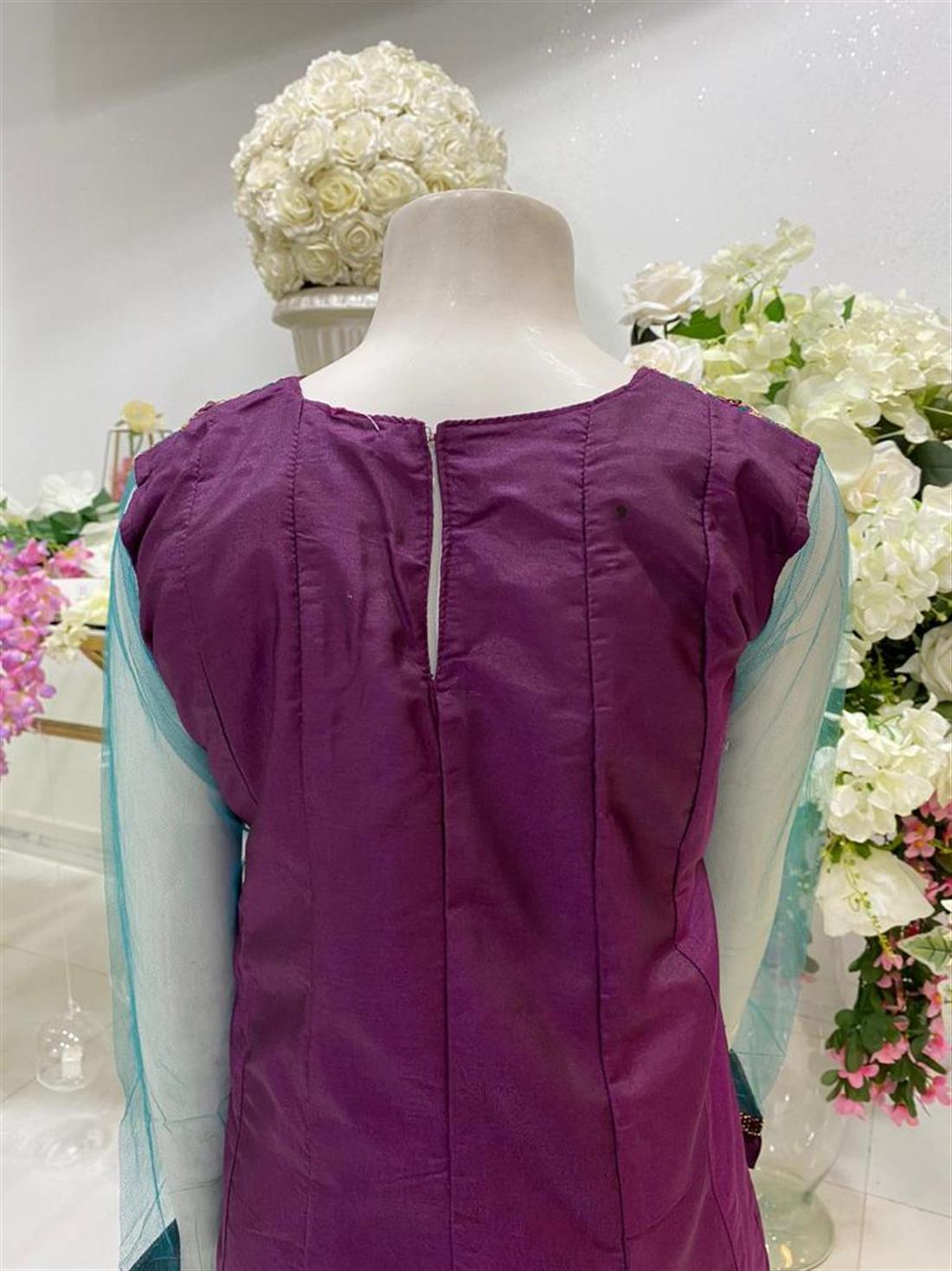 Teal & Plum LATEST: Frock 3 Piece Suit with Sequences Work.