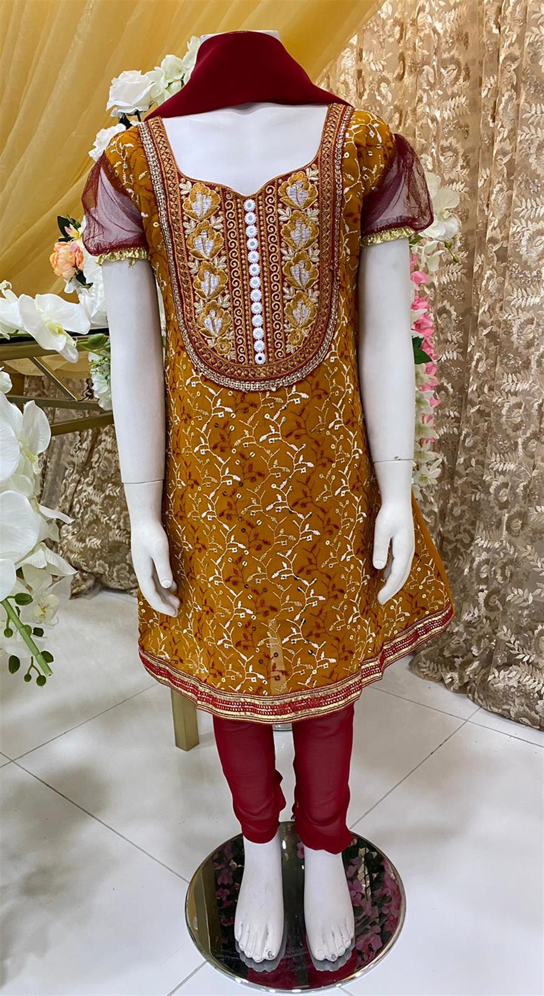 Mustard & Red Embroidered Frock Girlswear