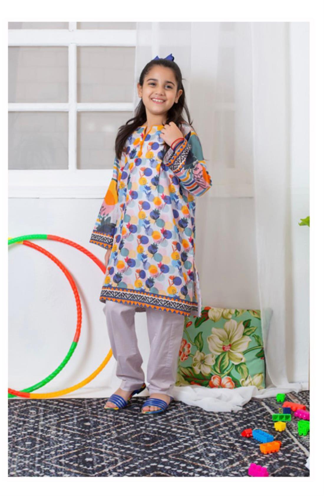 White & Multicolour Girls Readymade 3 Piece Suits for