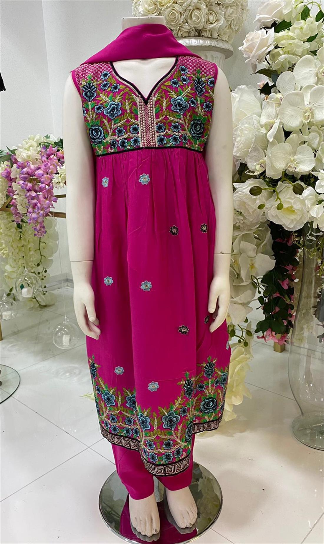 Fuchia Pink Embroidered Linen Frock Girlswear