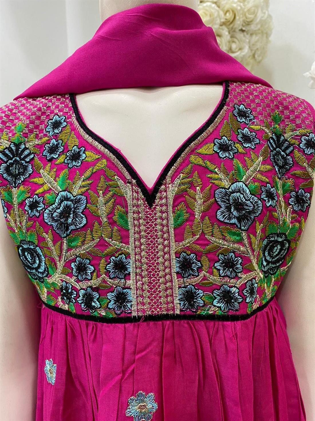 Fuchia Pink Embroidered Linen Frock Girlswear
