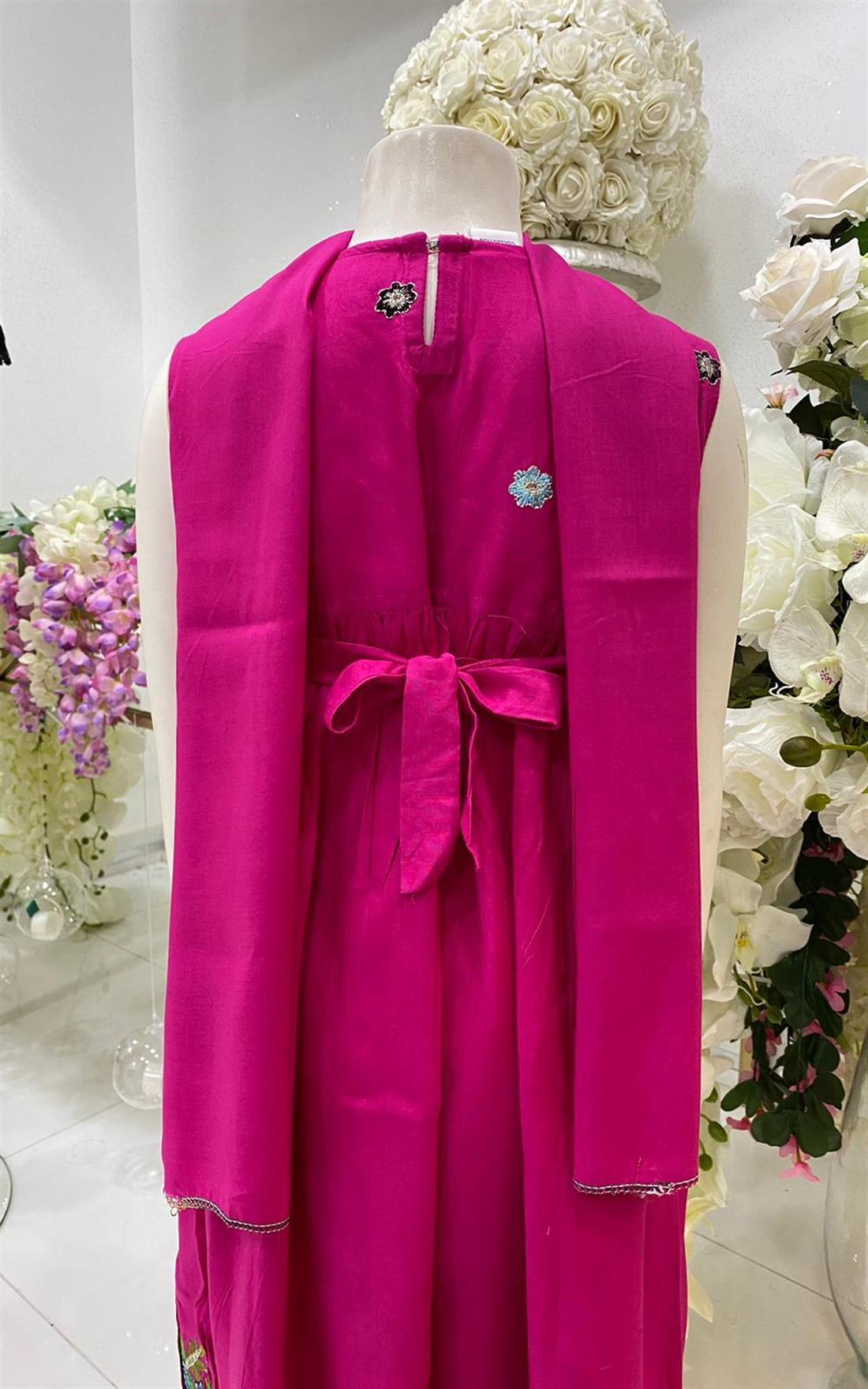 Fuchia Pink Embroidered Linen Frock Girlswear