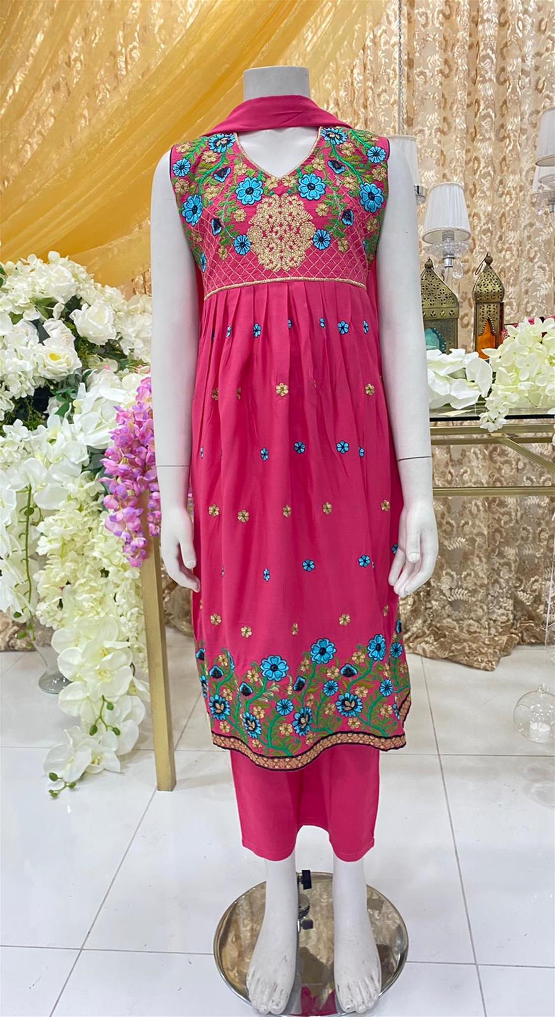 Pink Embroidered Linen Frock Girlswear