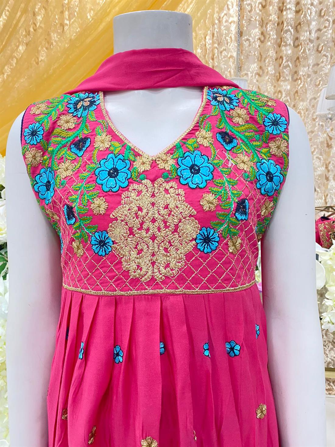 Pink Embroidered Linen Frock Girlswear