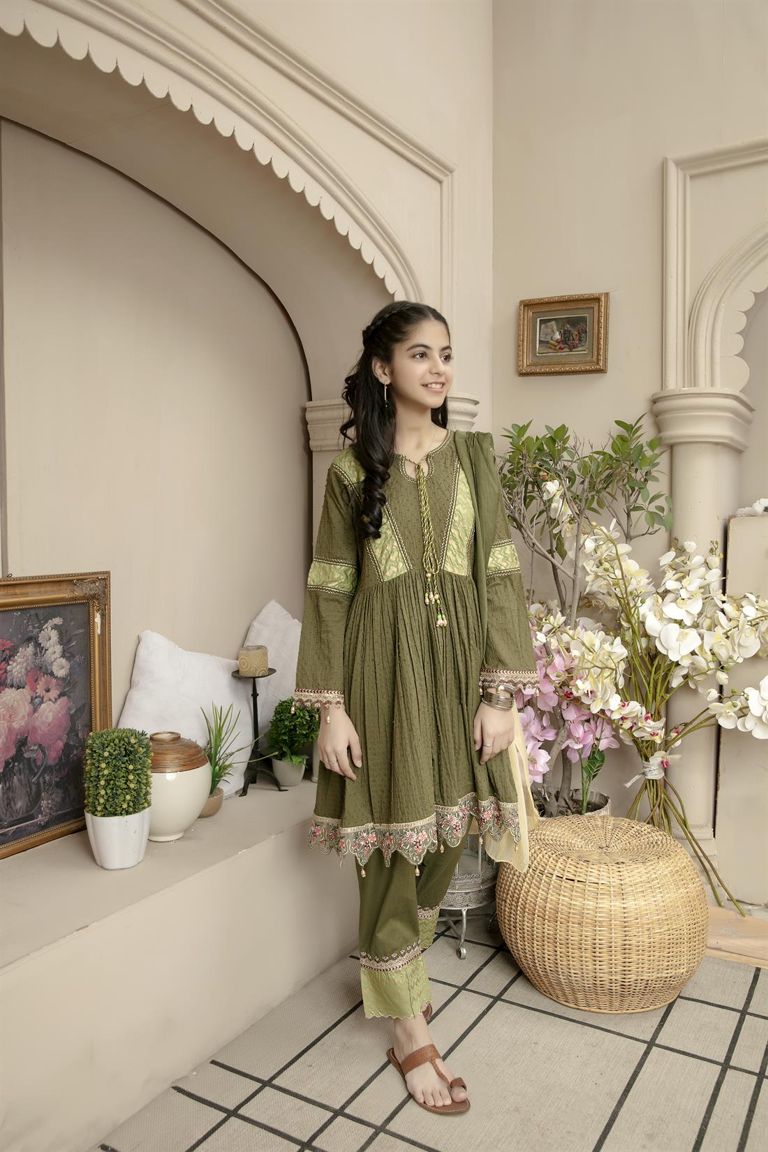 Mehndi Green Embroidered Chiffon Frock Girlswear