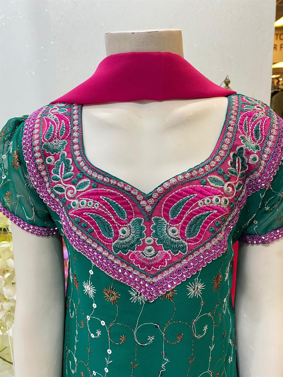 Green & Pink Embroidered Frock Girlswear